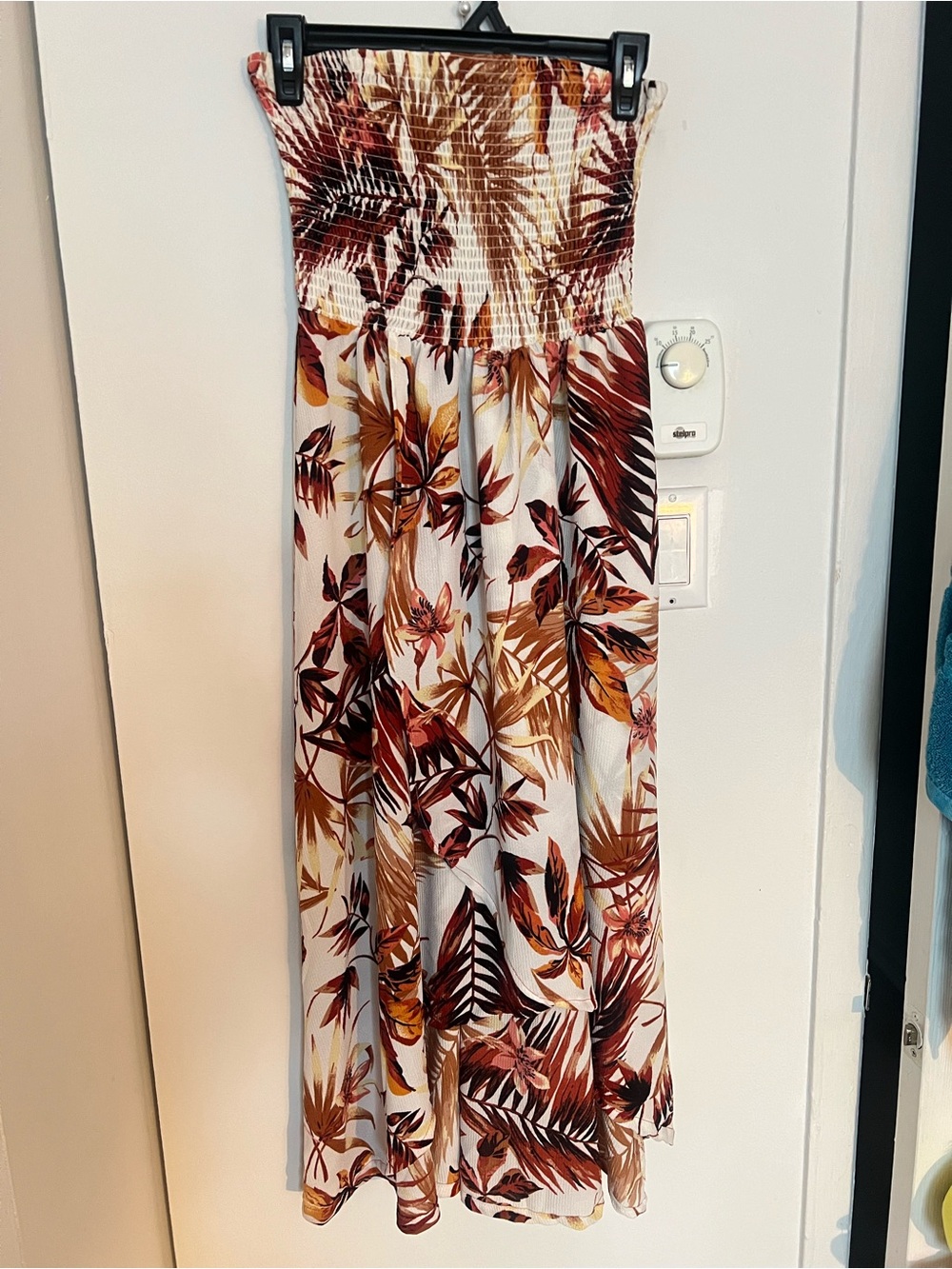 Strapless Tropical Print Jumpsuit Romper - White with Rust & Tan Leaf Print